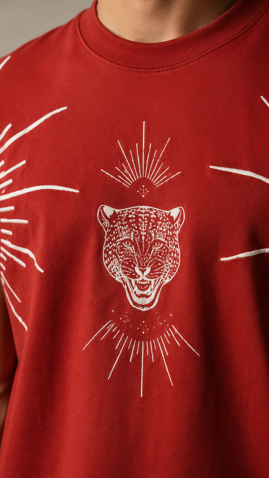 Close-up of the white line-art leopard face and sun-rays on a red sleeveless tee