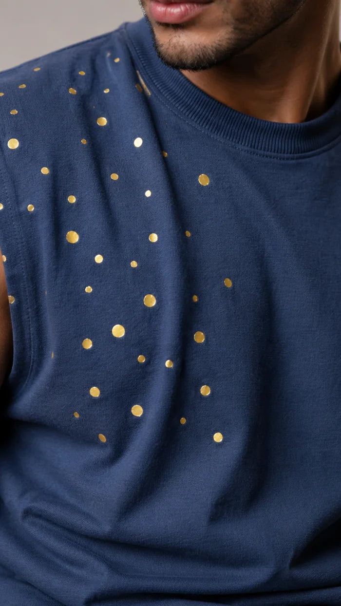 Close-up of gold dots scattered across the chest and shoulder of a navy sleeveless tee