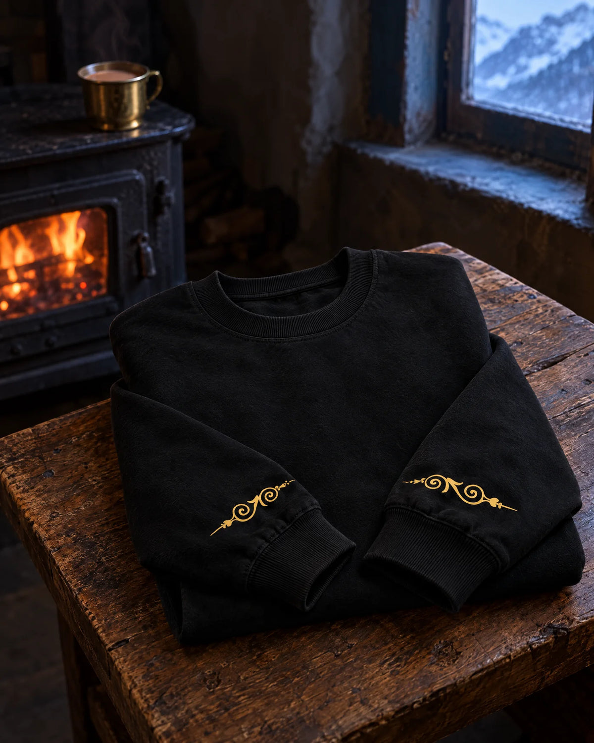 Black Lion's Majesty sweatshirt folded on a wooden bench beside a wood stove, gold filigree above each ribbed cuff