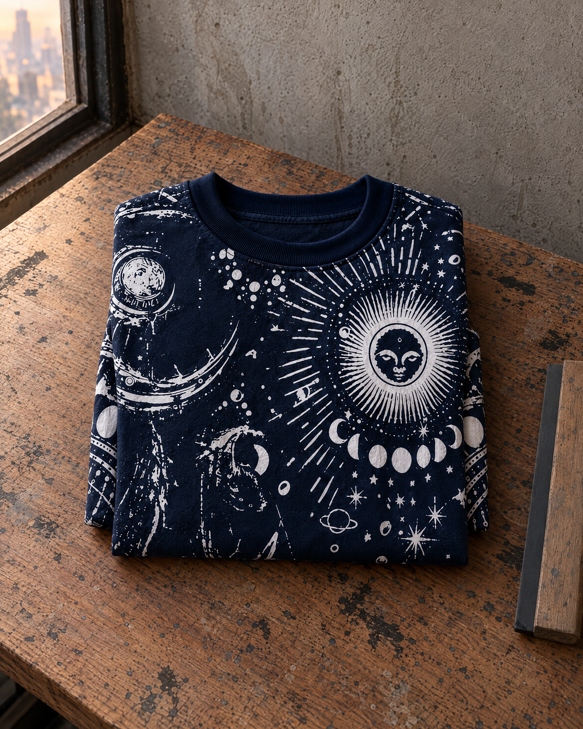 The Trinetra tee in midnight navy, folded on a paint-splattered screen-printing bench, its radiant sun and moon phases facing up