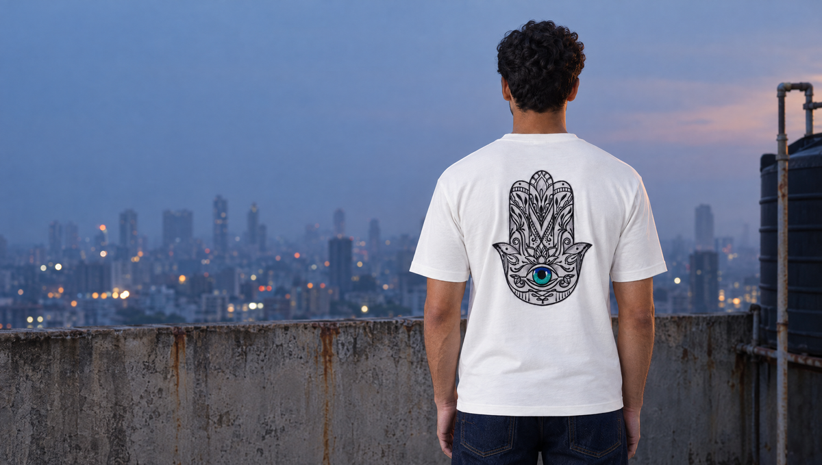 The Mystic Hamsa tee seen from behind on a Mumbai rooftop at dusk, the Hamsa and its blue eye centred on the back