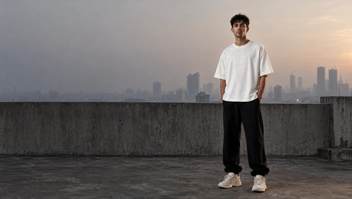 Man in a bone-white oversized tee with an embossed tonal chest mark, standing on a concrete rooftop in Mumbai at dawn