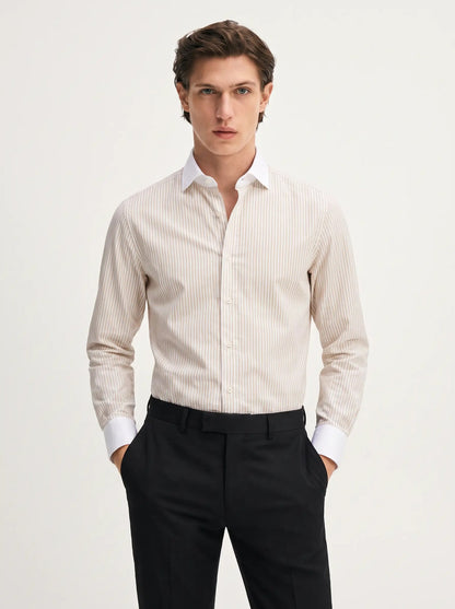 TAURUS Cotton Shirt in sand — fine sand-and-white vertical stripe body with a solid white point collar and solid white cuffs, Winchester contrast-collar style.
