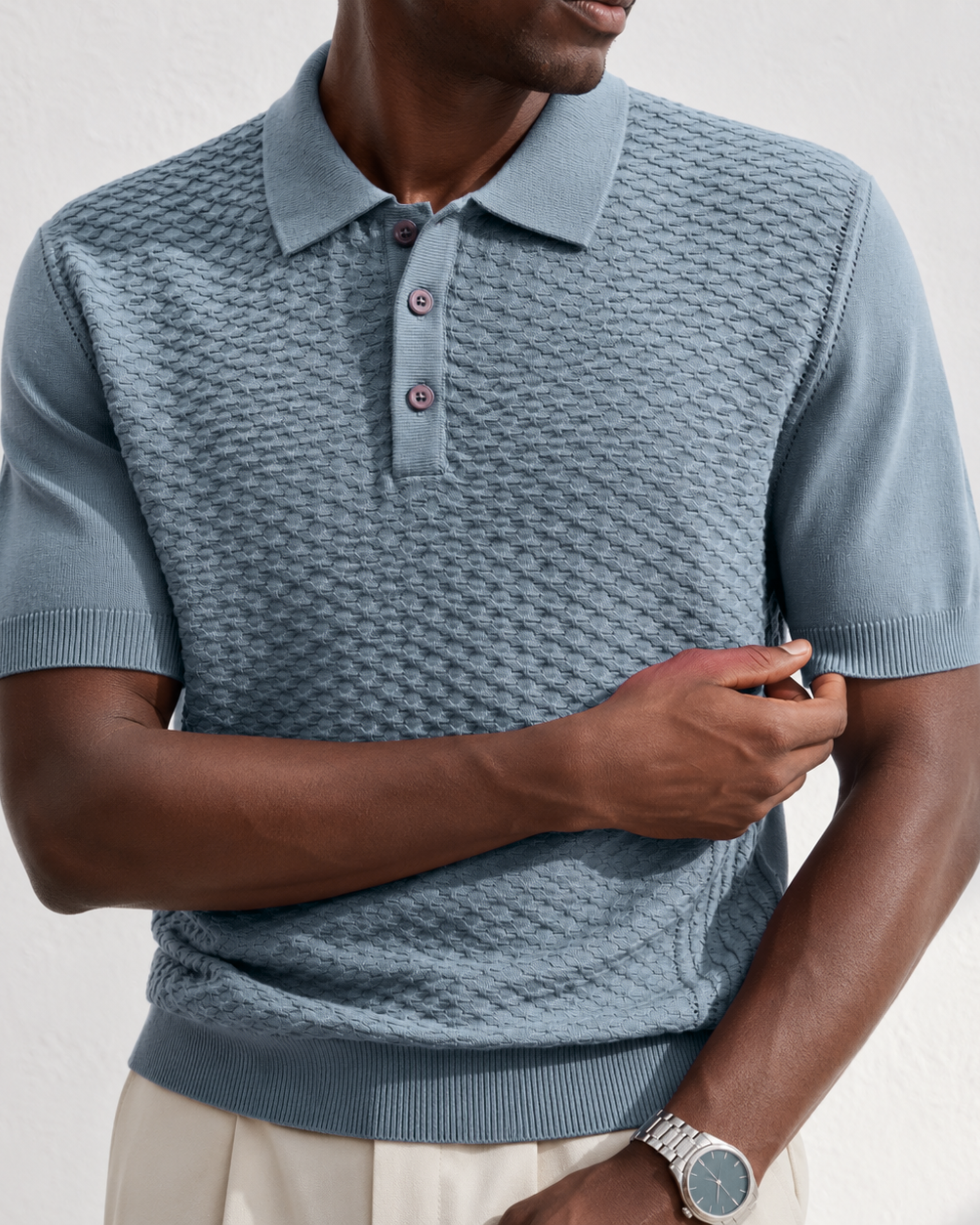 TILE Knit Polo in Slate — detail