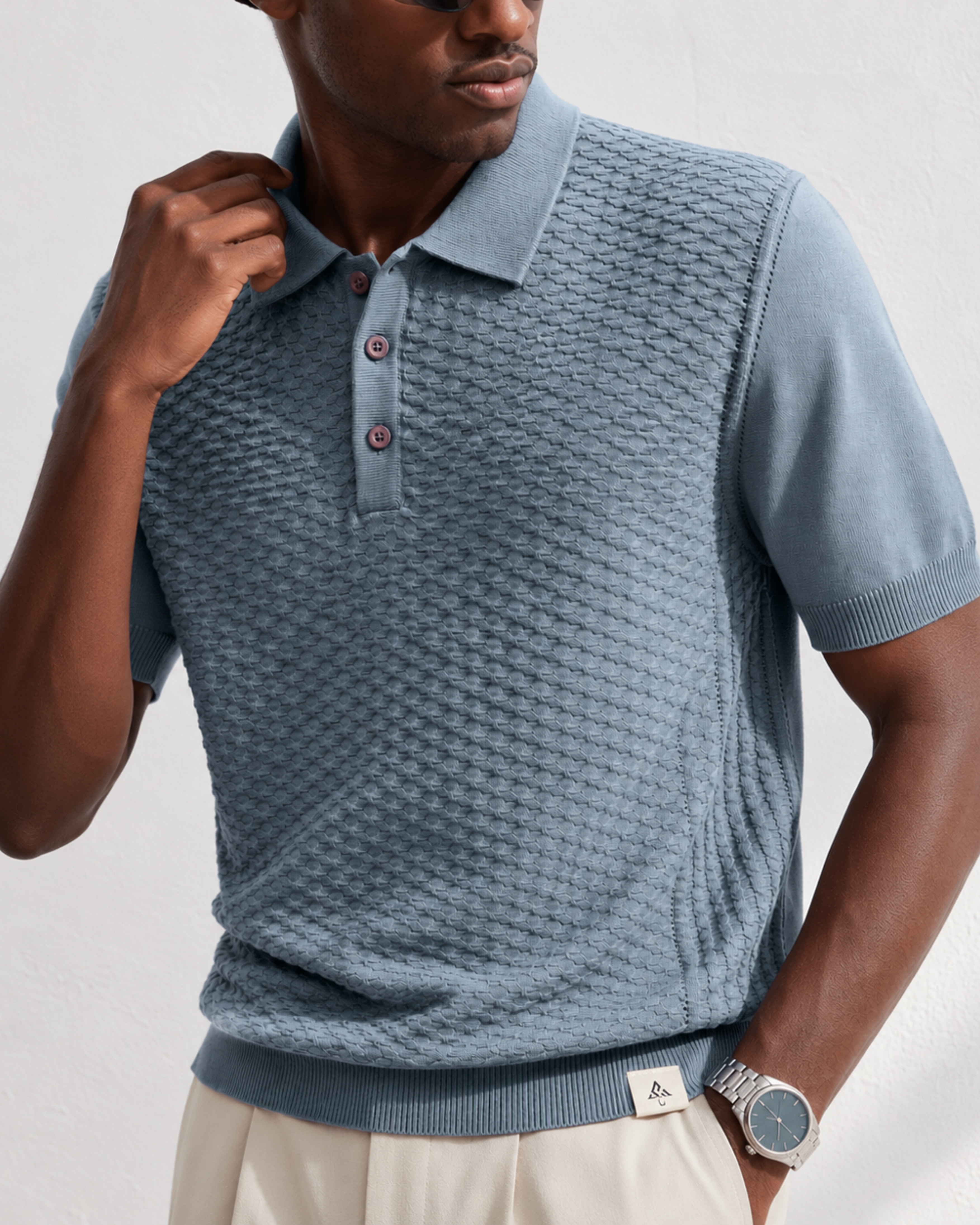 TILE Knit Polo in Slate — detail