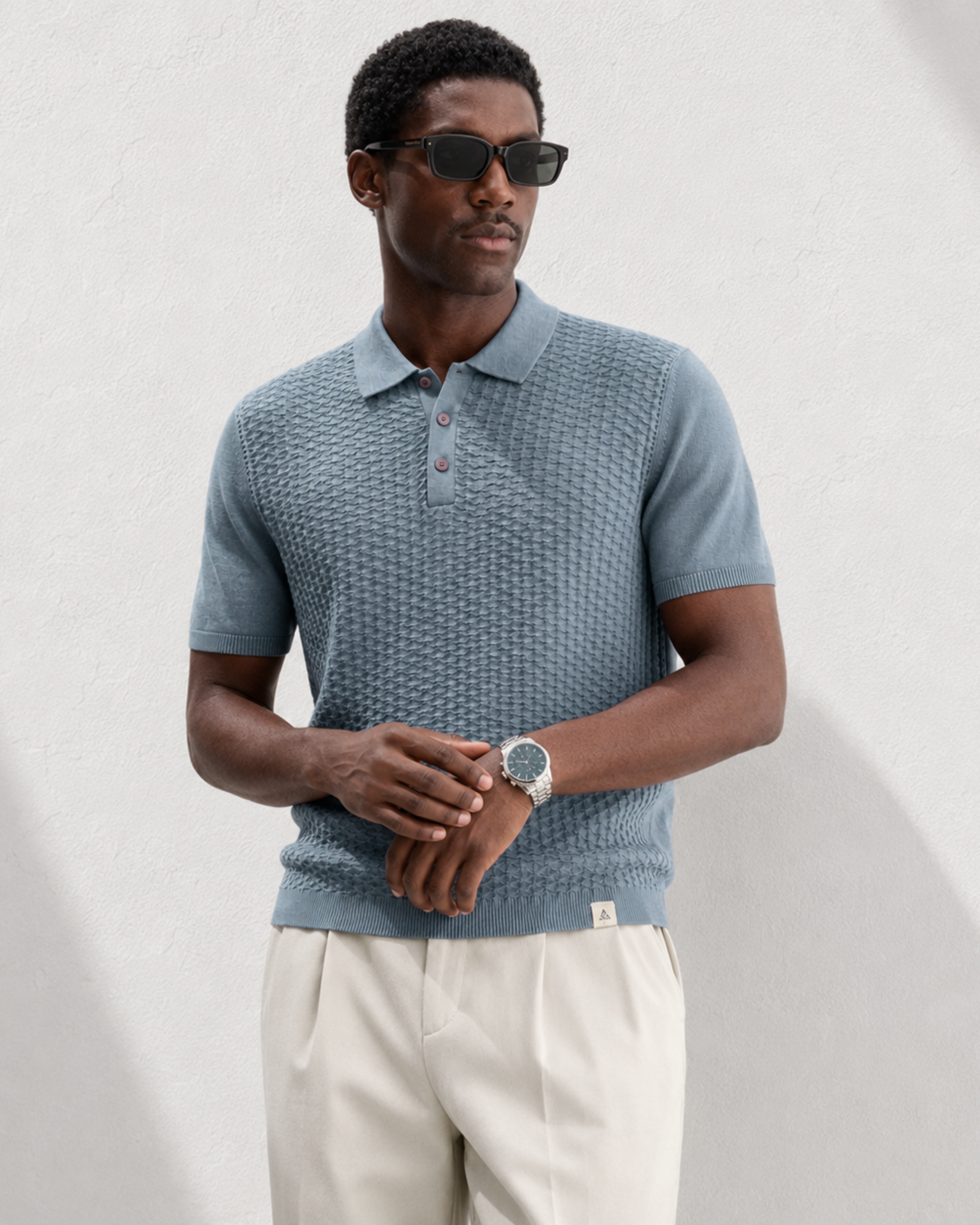 TILE Knit Polo in Slate — on model