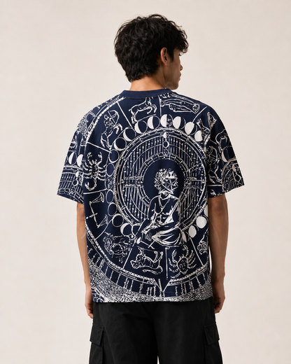 A man viewed from behind wearing a navy blue t-shirt with a large white celestial and zodiac-themed graphic print, paired with black cargo pants against a plain beige background.