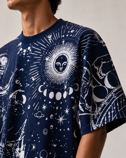 A close-up of a person wearing a navy blue short-sleeve t-shirt with a white celestial print featuring a sun face, moon phases, stars, and space-themed illustrations.