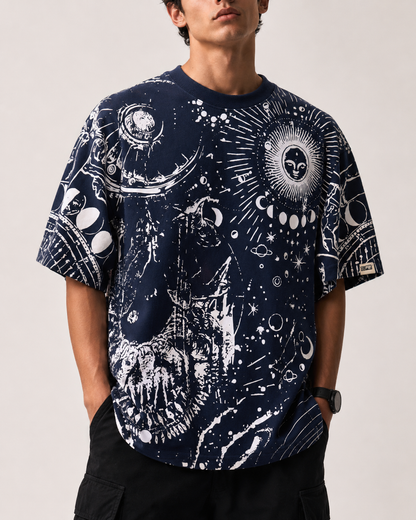 A man wearing a navy blue short-sleeve t-shirt with a white celestial and alien-themed graphic print, paired with black cargo pants against a light beige studio background.