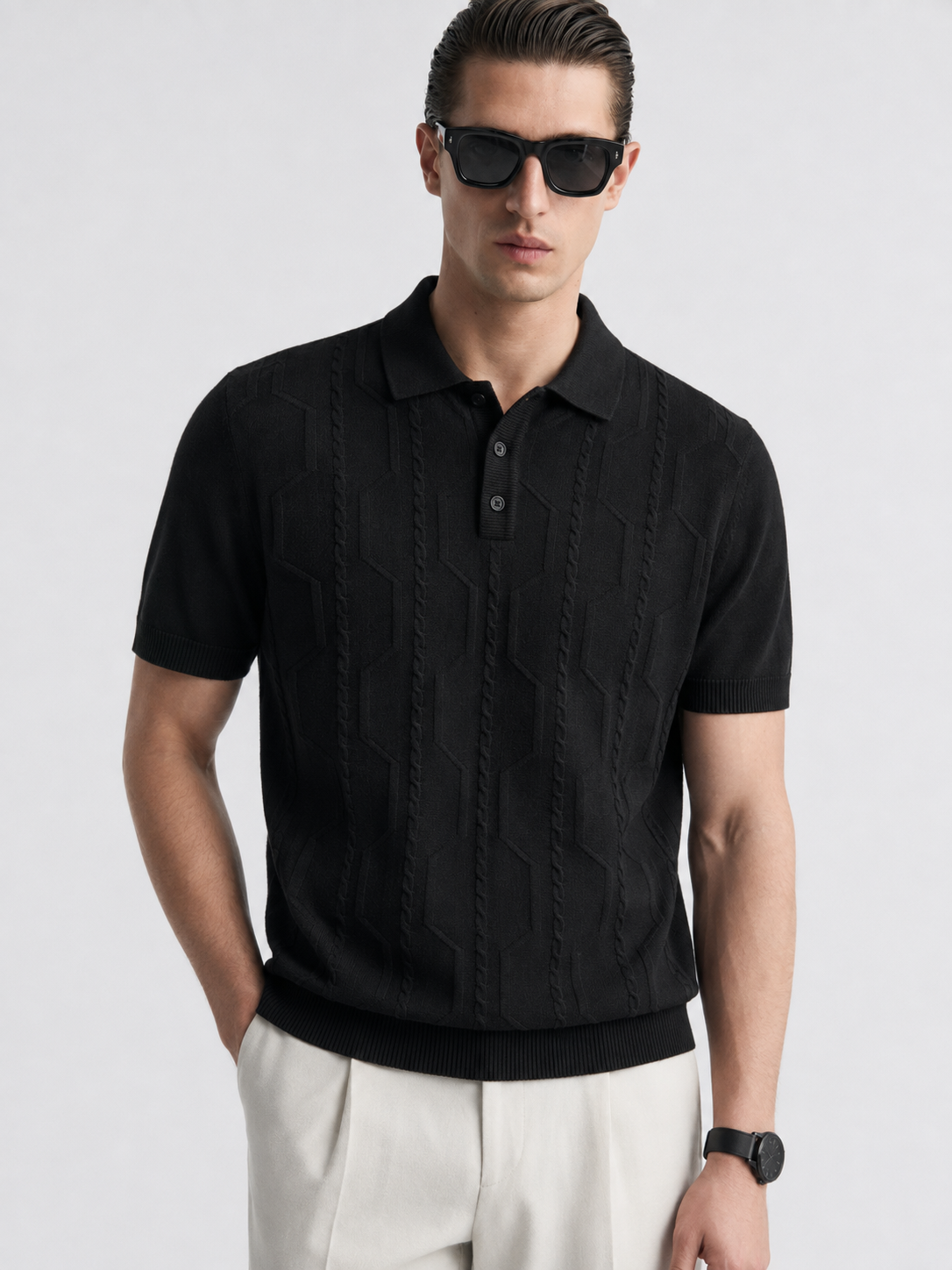 VANE Knit Polo in Black — front