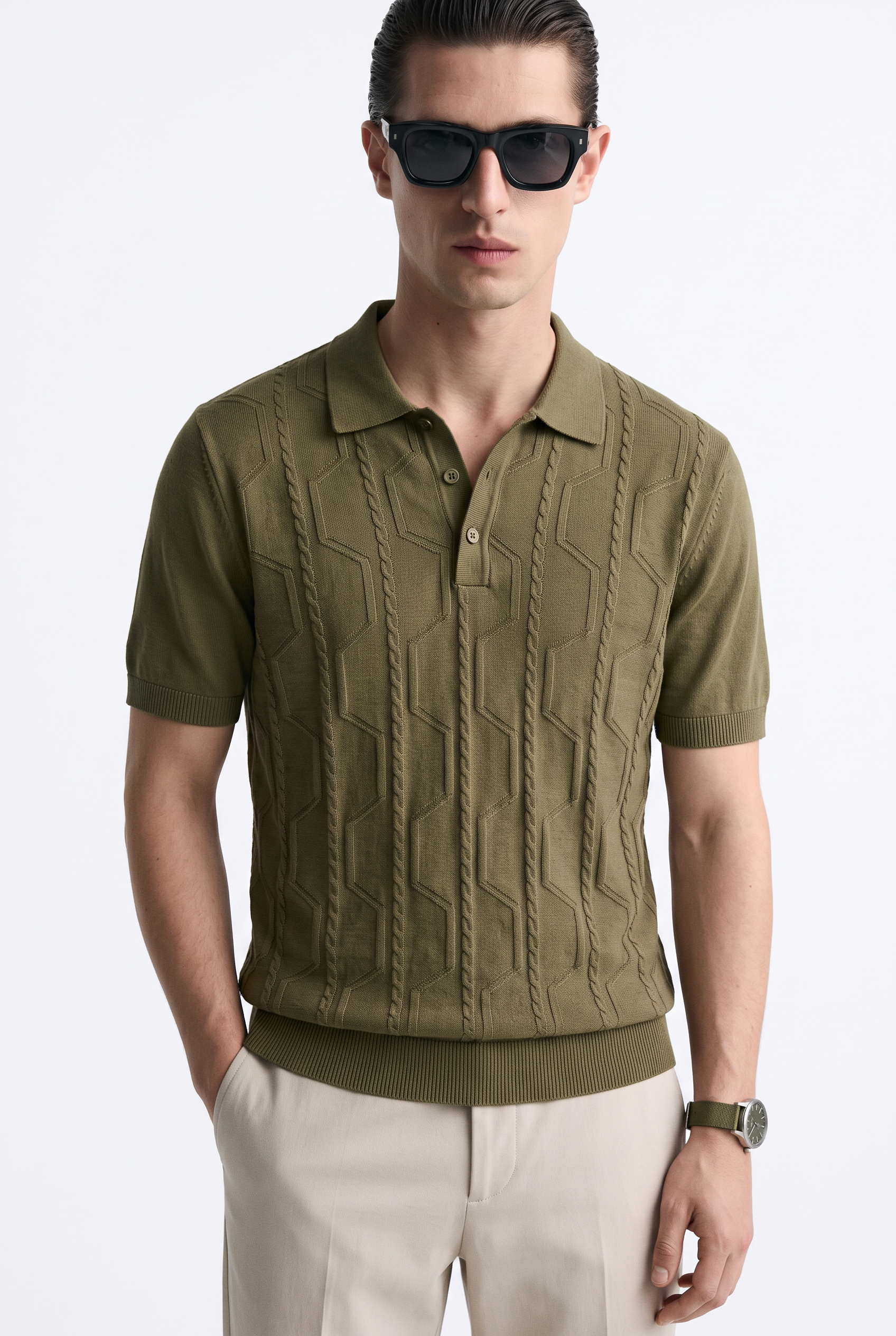 VANE Knit Polo in Olive — front