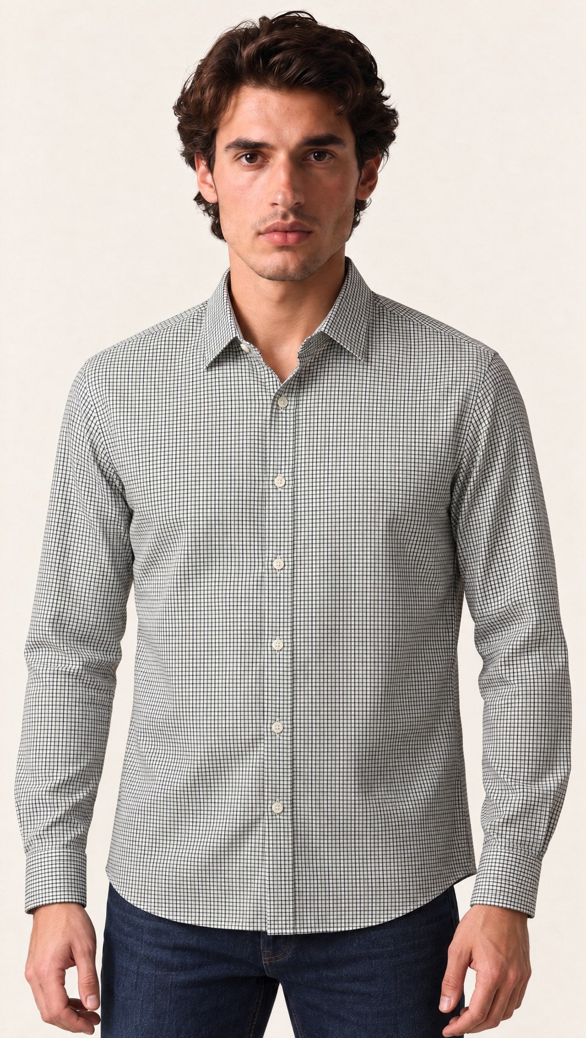 Sunya VIRGO cotton shirt in ink — fine navy-black graph check on white, with a button-down collar and full placket, shown front on.