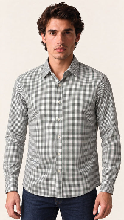 VIRGO shirt in a fine blue-black and olive graph check on white, with a point collar and full placket
